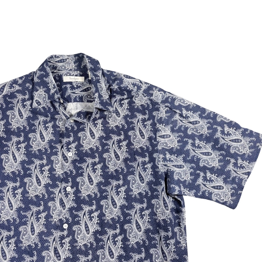 Turnbury Mens Blue White Paisley Silk Linen Short Sleeve Button Down Shirt Large